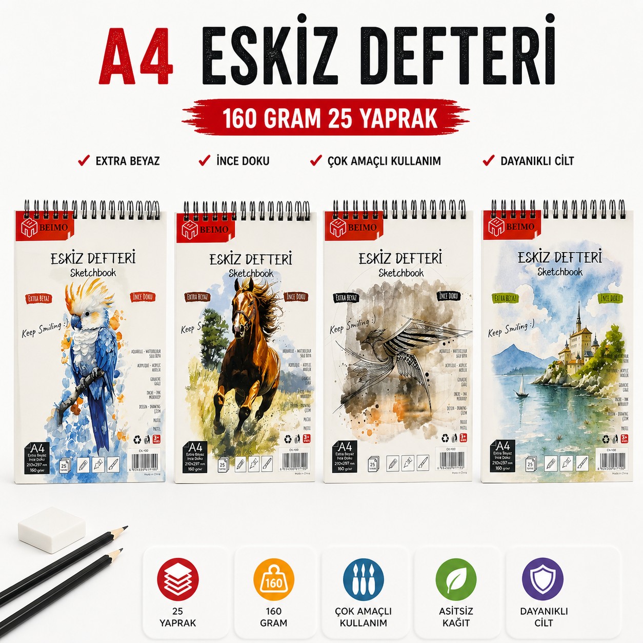 A4 Telli Eskiz Defteri 160 Gr 25 Sayfa 210*297 Mm 0 Pamuk Sayfa