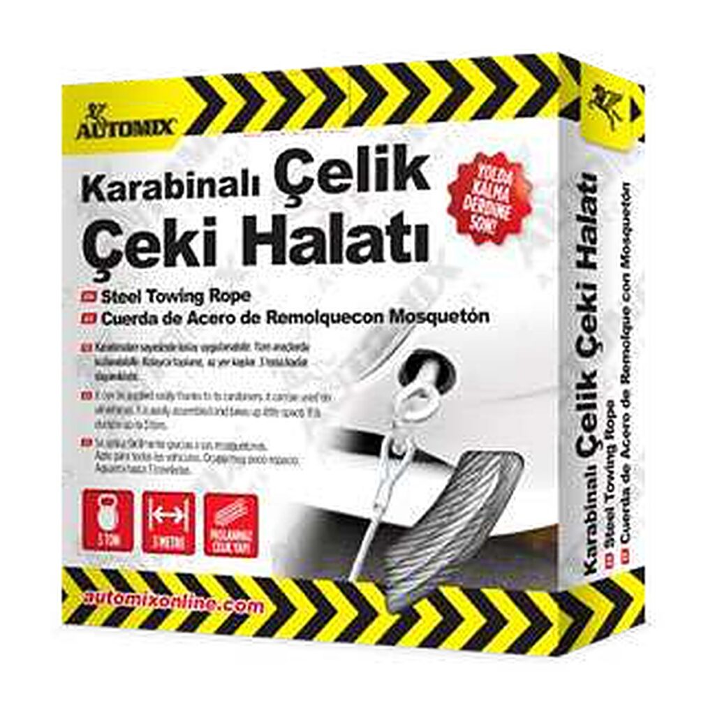 Automix Karabinalı Çelik Çeki Halatı 3 Ton 3 m