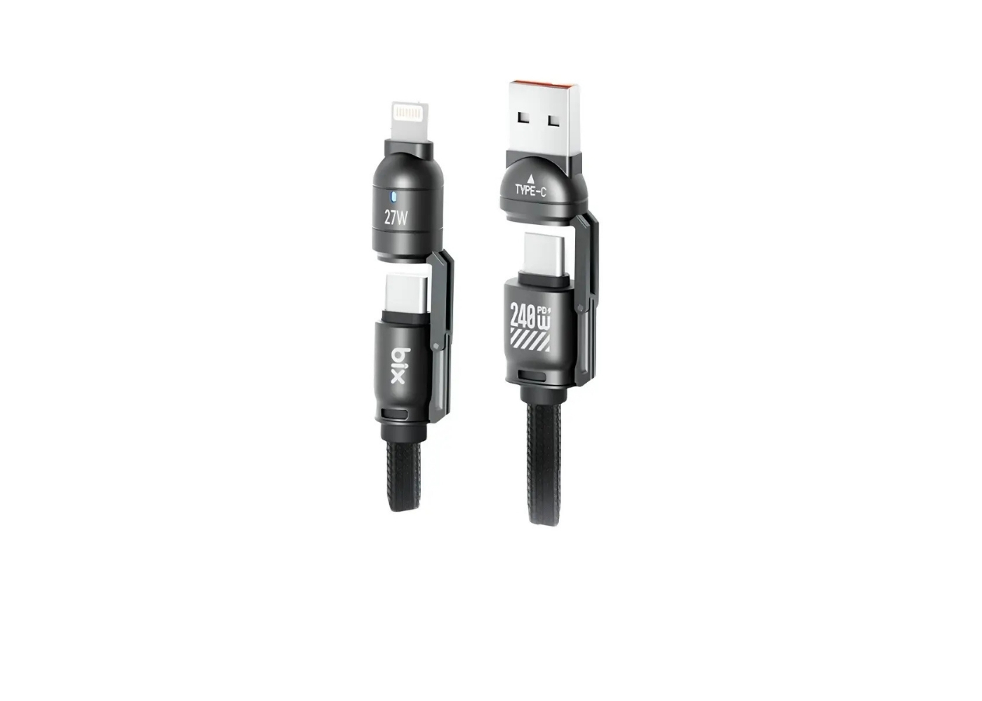 Bix BX5IN1C 240W Hızlı Şarj Kablosu 1.5m Örgülü Askı İpli - Siyah
