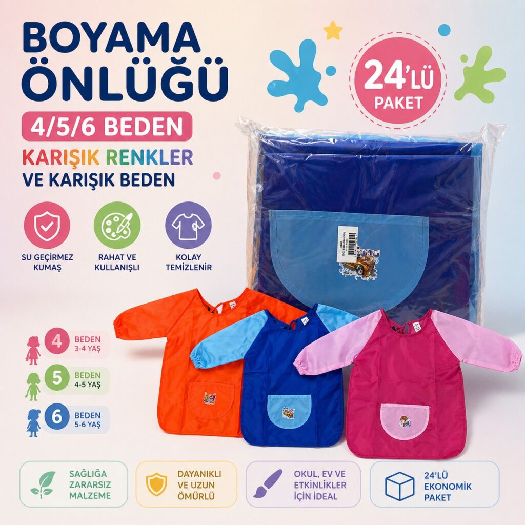 Boyama Önlüğü 4/5/6 Beden Karışık Renkler Ve Karışık Bedenler 24'Lü Paket