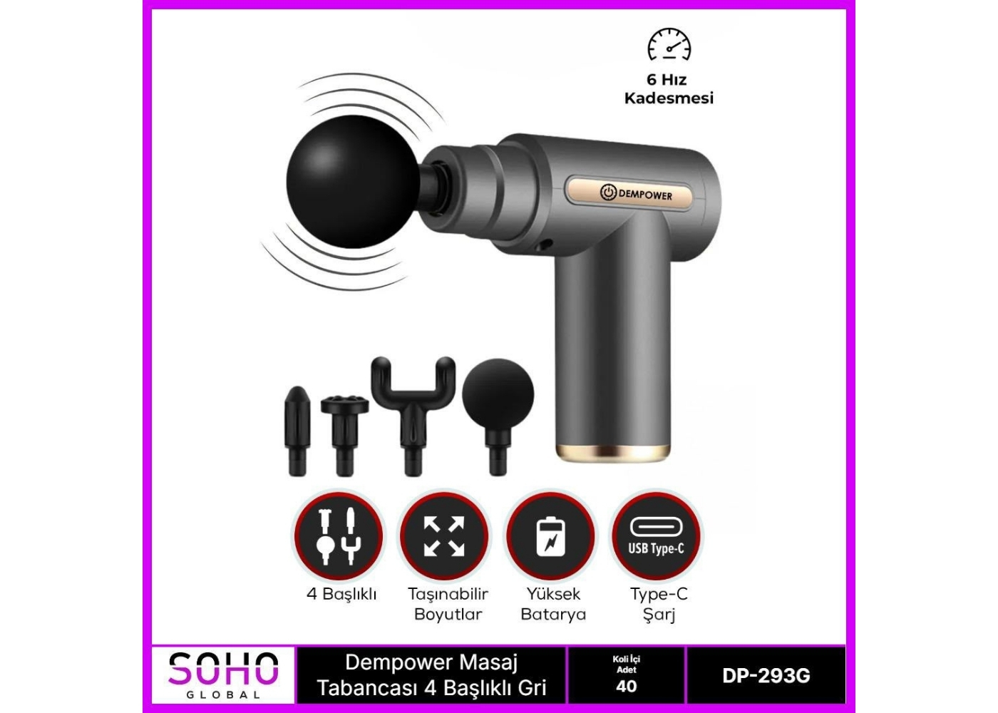 Dempower DP-293G Masaj Tabancası 4 Başlıklı