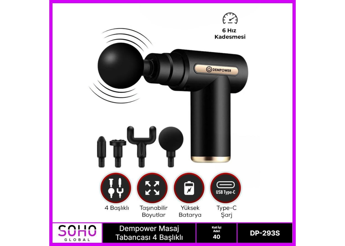 Dempower DP-293S Masaj Tabancası 4 Başlıklı