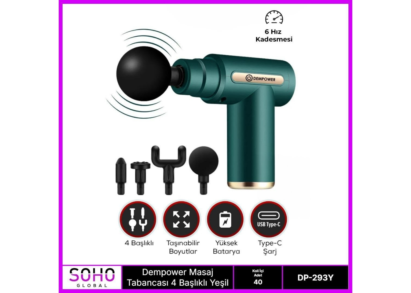 Dempower DP-293Y Masaj Tabancası 4 Başlıklı