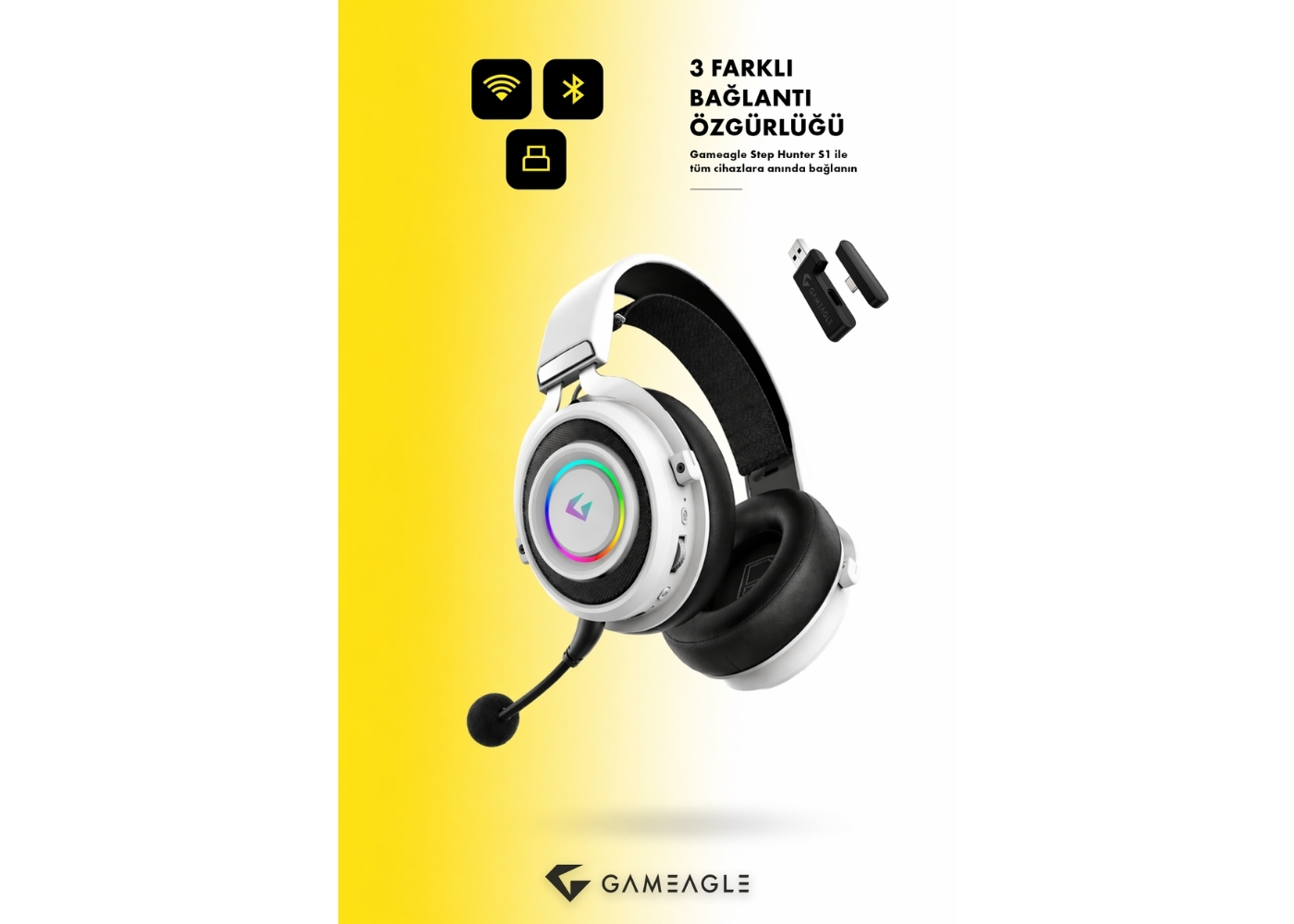 Gameagle GE2010 Step Hunter S1 RGB Kablosuz 2.4Ghz+Bluetooth+3.5MM Kablolu Mikrofonlu Profesyonel Oyuncu Kulaklığı