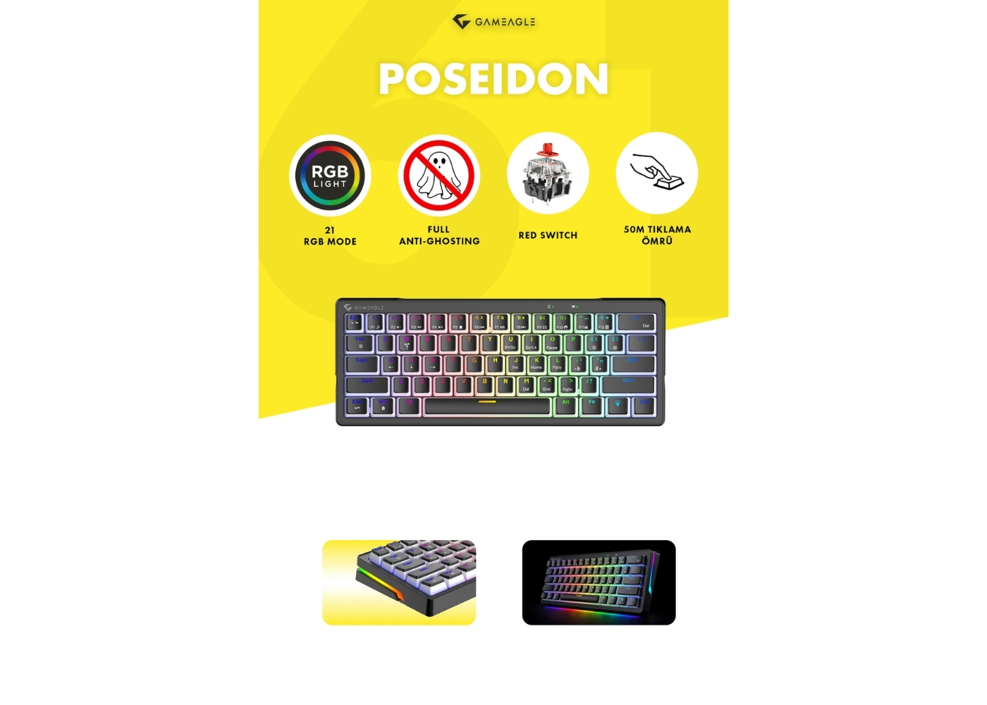 Gameagle GE2014 Poseidon RGB Kablolu 12 Mod RGB US Layout DoubleShot FullAnti-Ghosting Mekanik Oyuncu Klavyesi Siyah