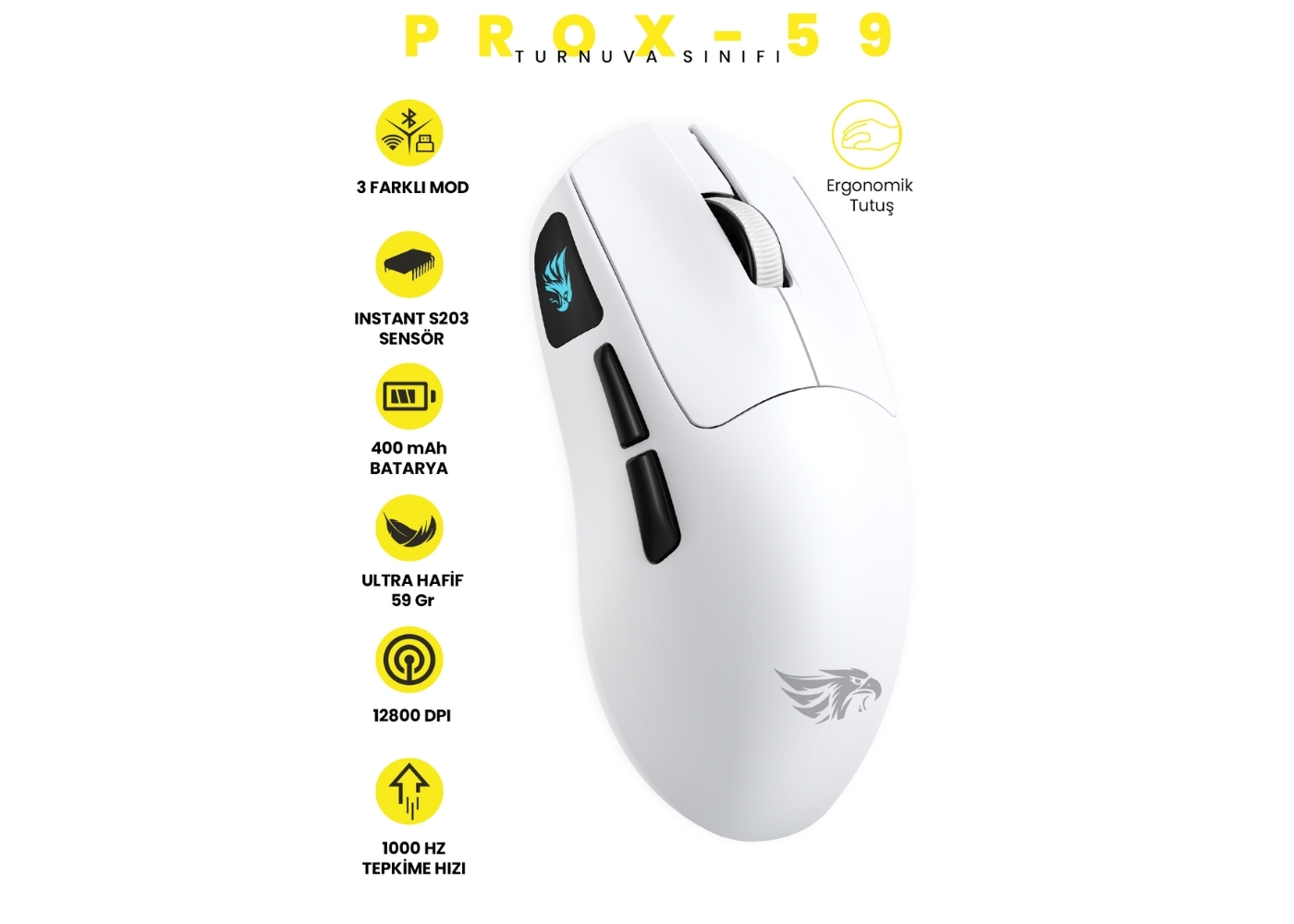 Gameagle PROX-59W Prox Bluetooth-Kablosuz-Kablolu Şarjlı 12800 Dpı Hafif 59GR Gaming Mouse Oyuncu Mouse Beyaz