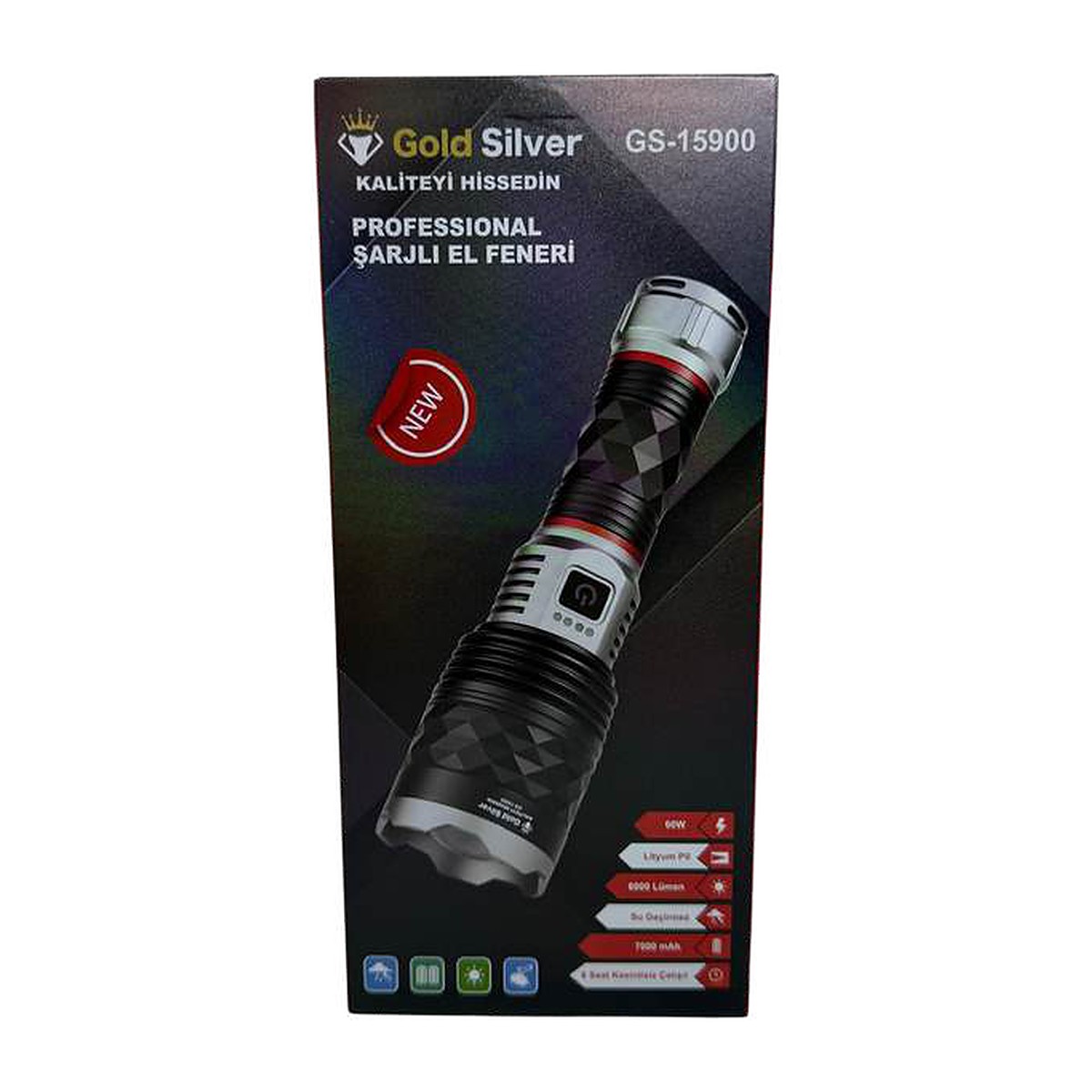 Gold Silver GS-15900 Şarjlı El Feneri 60W 6000 Lümen