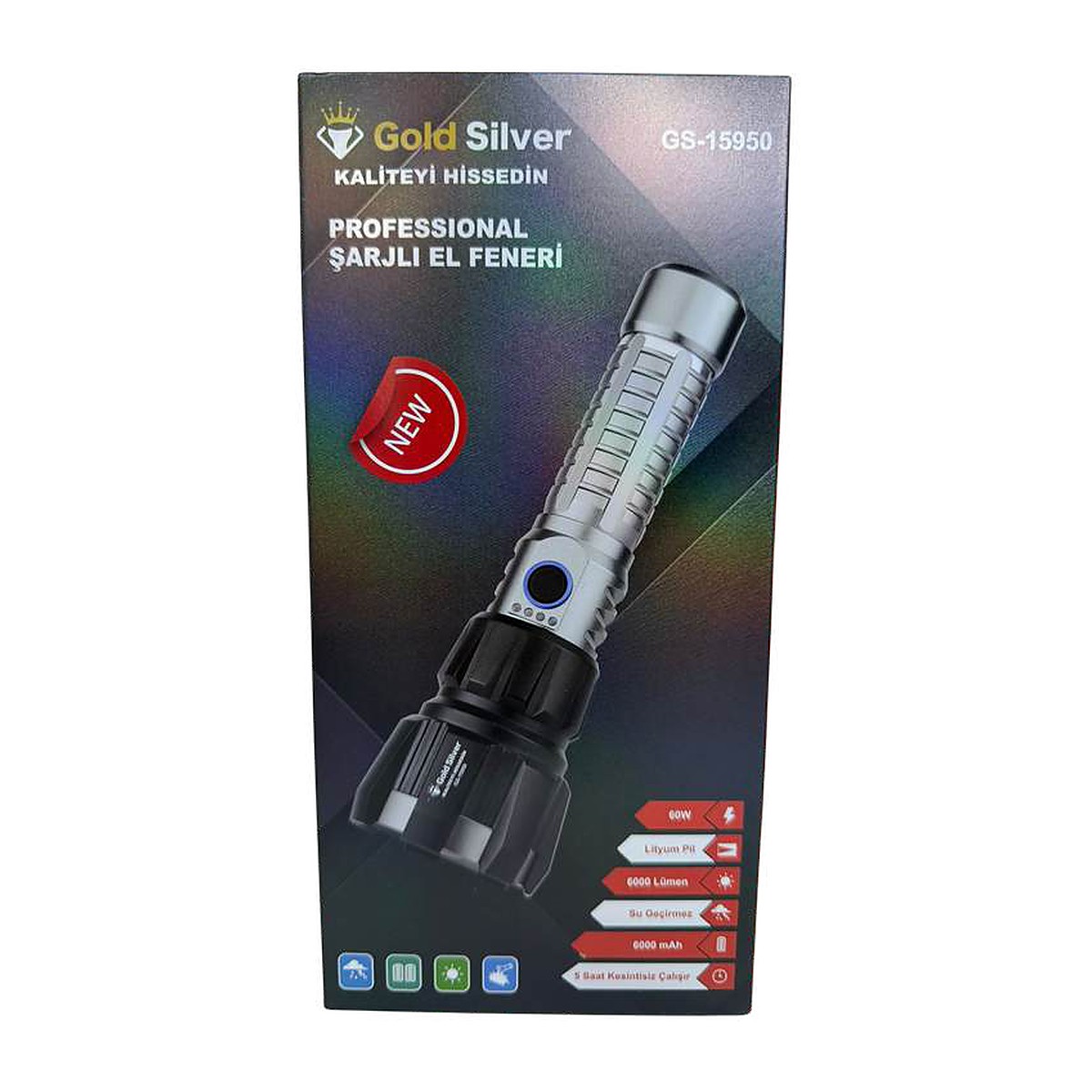 Gold Silver GS-15950 Şarjlı El Feneri 60W 6000 Lümen