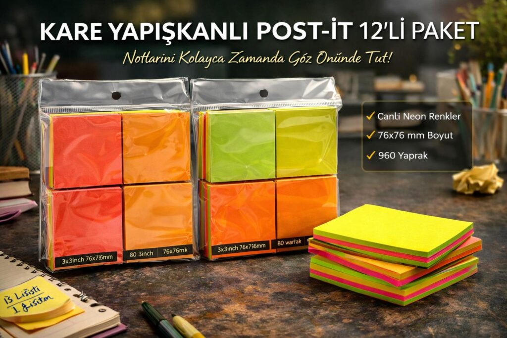 Kare Yapışkanlı Post-it Not Kağıdı (İçi Karışık) 12'Li Paket