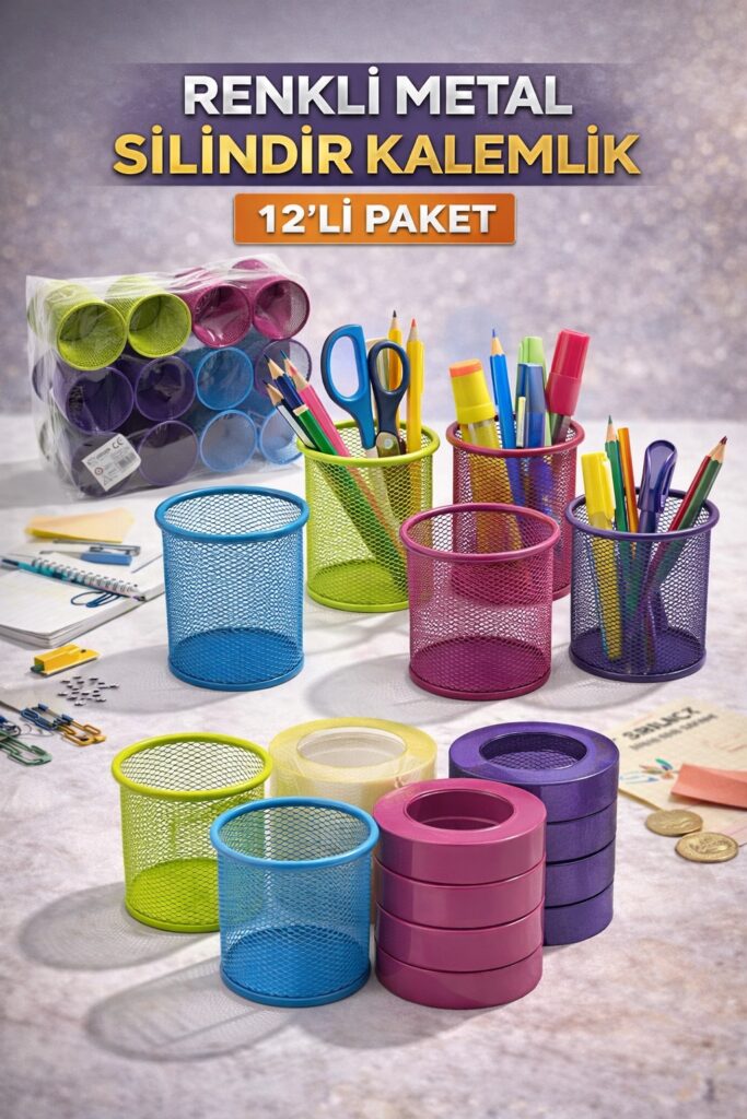 Metal Silindir Kalem Kutusu Renkli Perfore (Uzunluk 10 Cm) 12'Li Paket