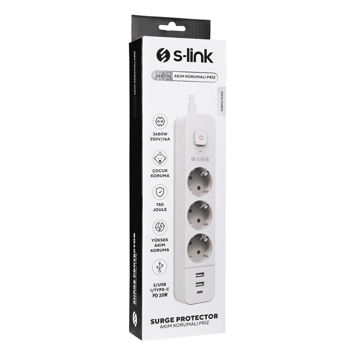 S-link SPG3-PD20 2 USB 3.4A + 1 Type C PD20W H05VV-F 3G1.0mm, 1.5m 3 lü 306 J Akım Korumalı Beyaz + Gri Priz