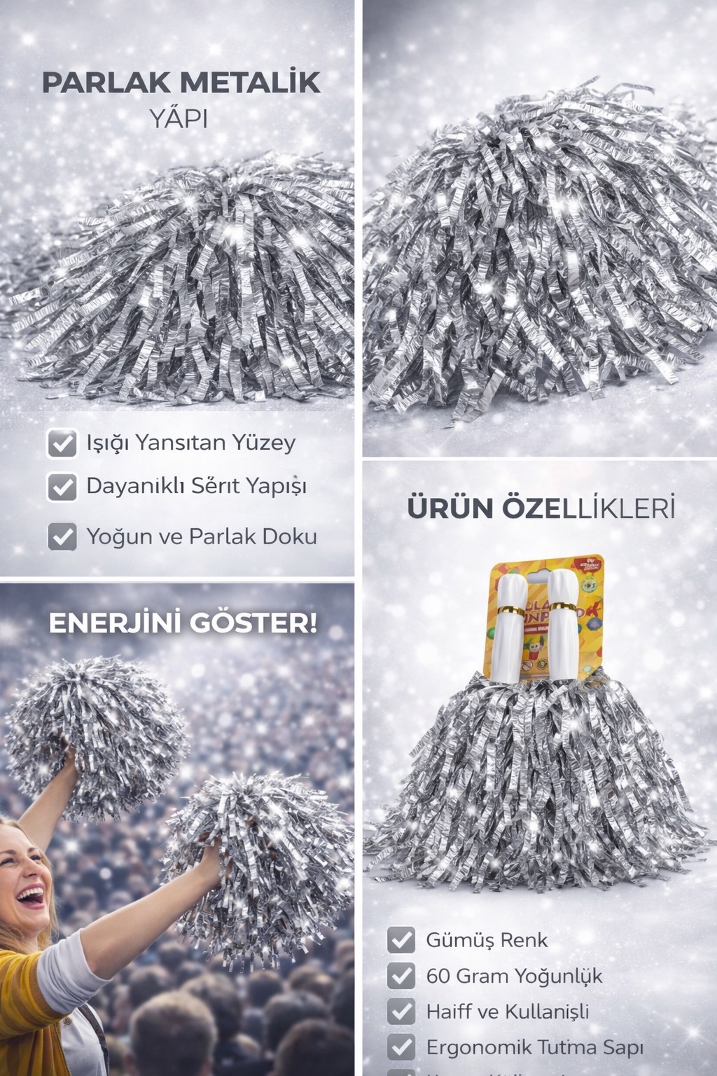 Sallama Pon Pon Gümüş Renk Çiftli