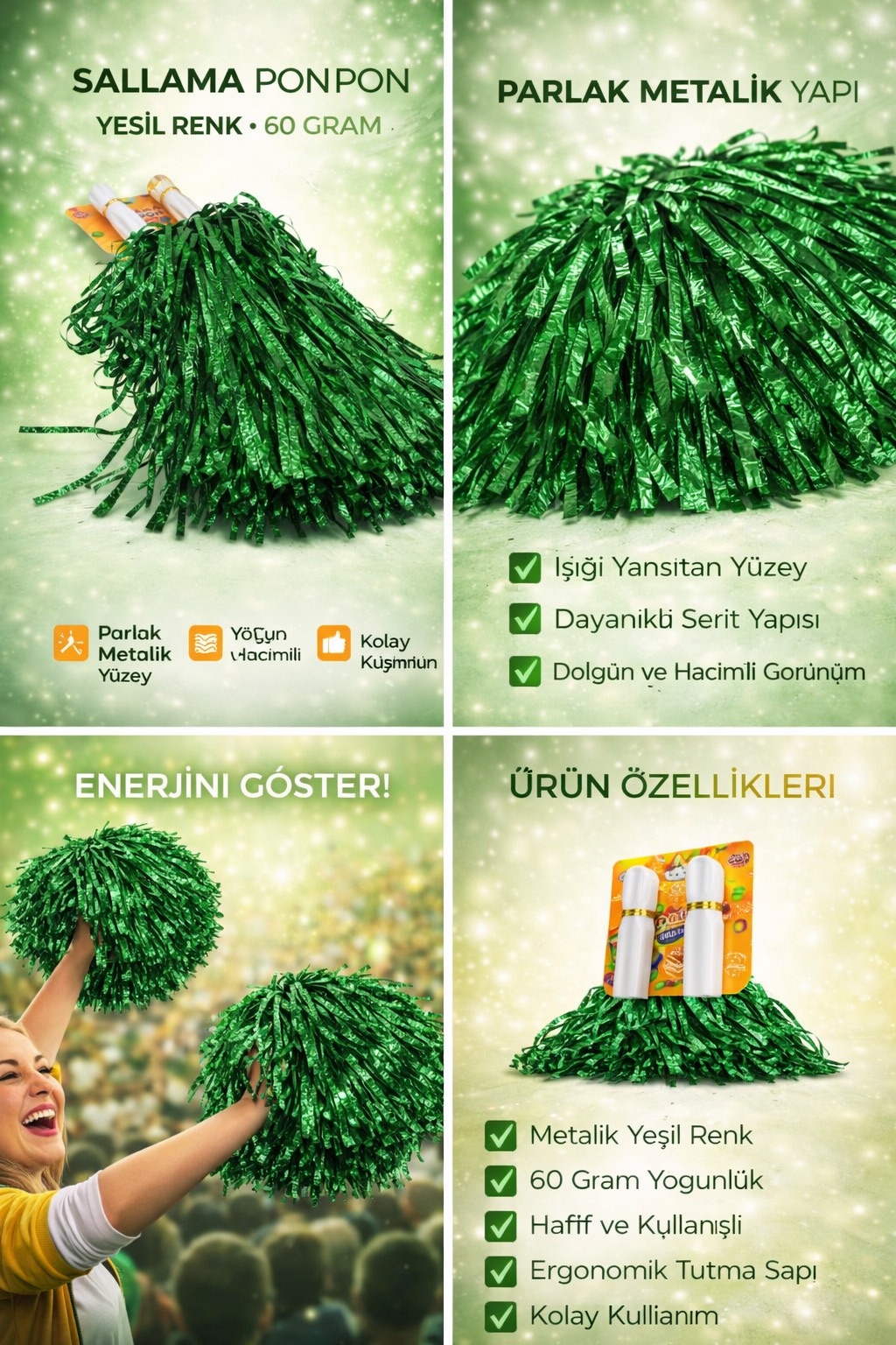 Sallama Pon Pon Yeşil Renk Çiftli