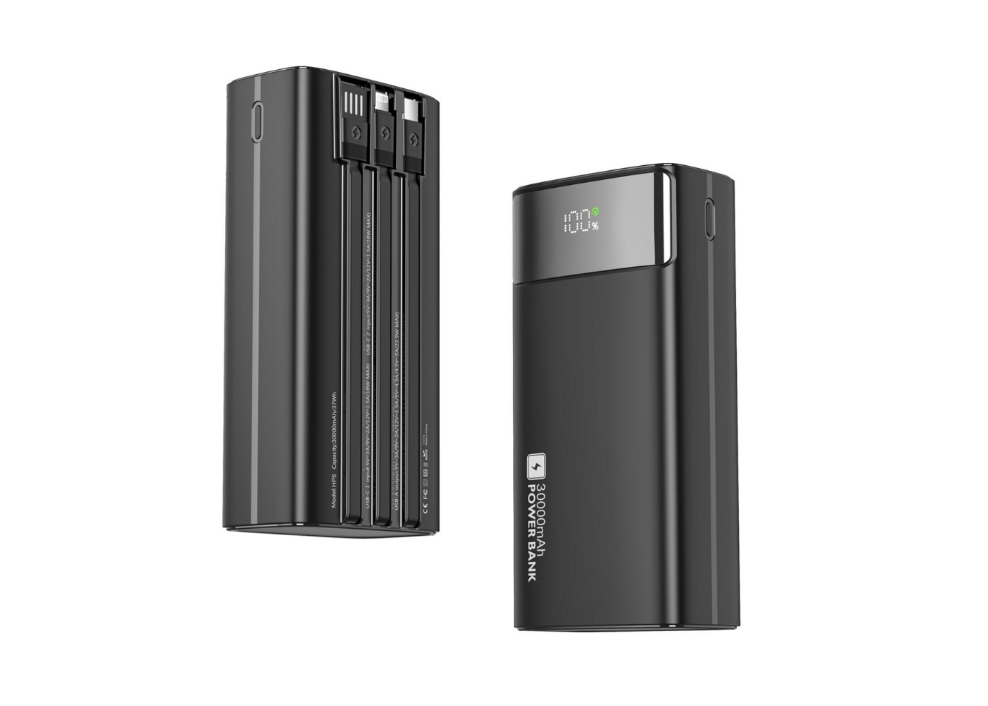 Snapron SNP-3035 30000mAh 22.5W PD Hızlı Şarj Powerbank | Dahili Lightning, Type-C ve USB Kablolu | LCD Ekran