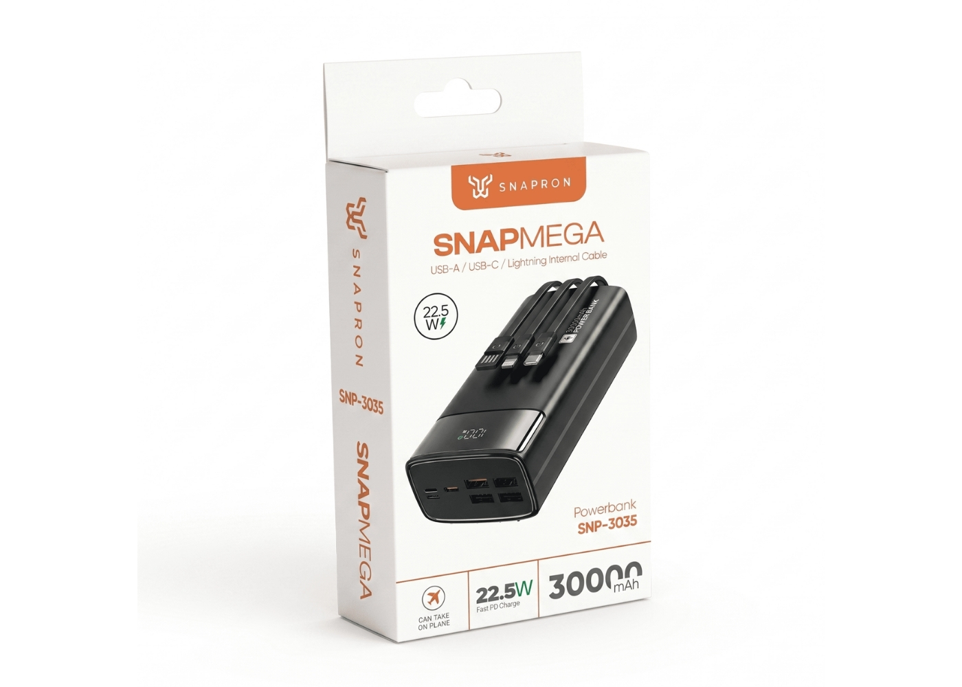 Snapron SNP-3035 30000mAh 22.5W PD Hızlı Şarj Powerbank | Dahili Lightning, Type-C ve USB Kablolu | LCD Ekran