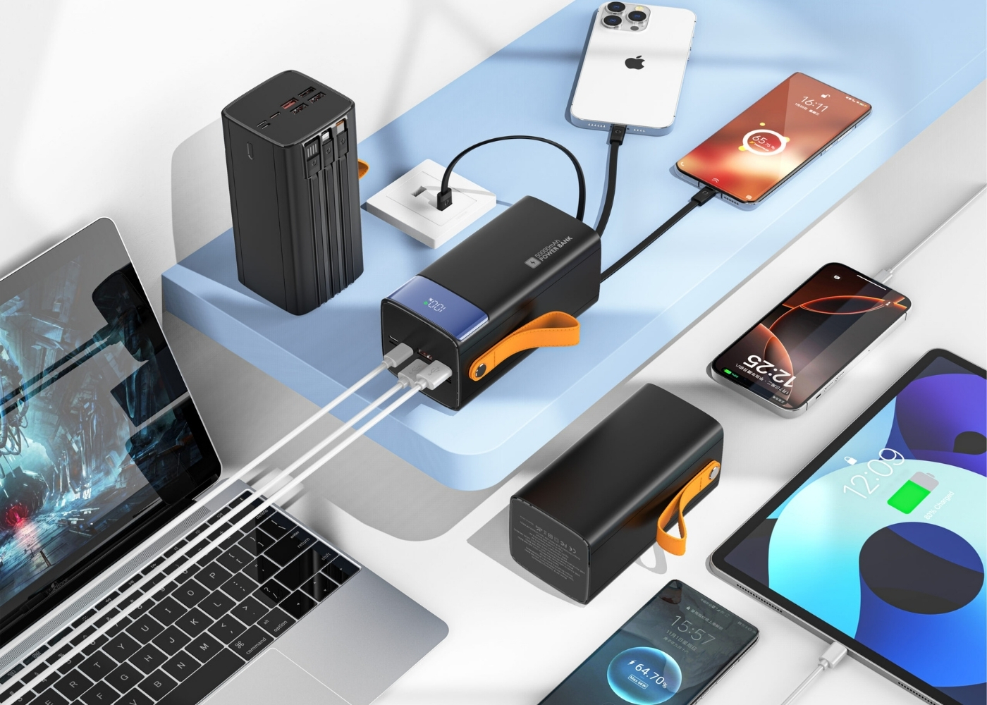 Snapron SNP-3050 50000mAh 22.5W PD Hızlı Şarj Powerbank | Dahili Lightning, Type-C ve USB Kablolu | LCD Ekran