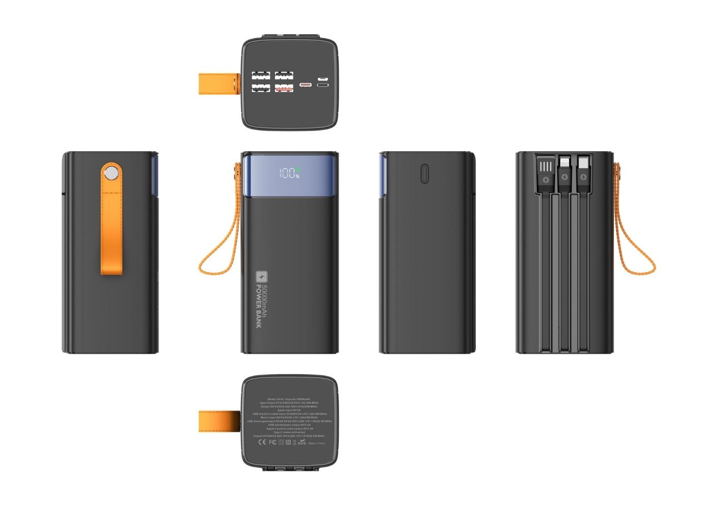 Snapron SNP-3050 50000mAh 22.5W PD Hızlı Şarj Powerbank | Dahili Lightning, Type-C ve USB Kablolu | LCD Ekran