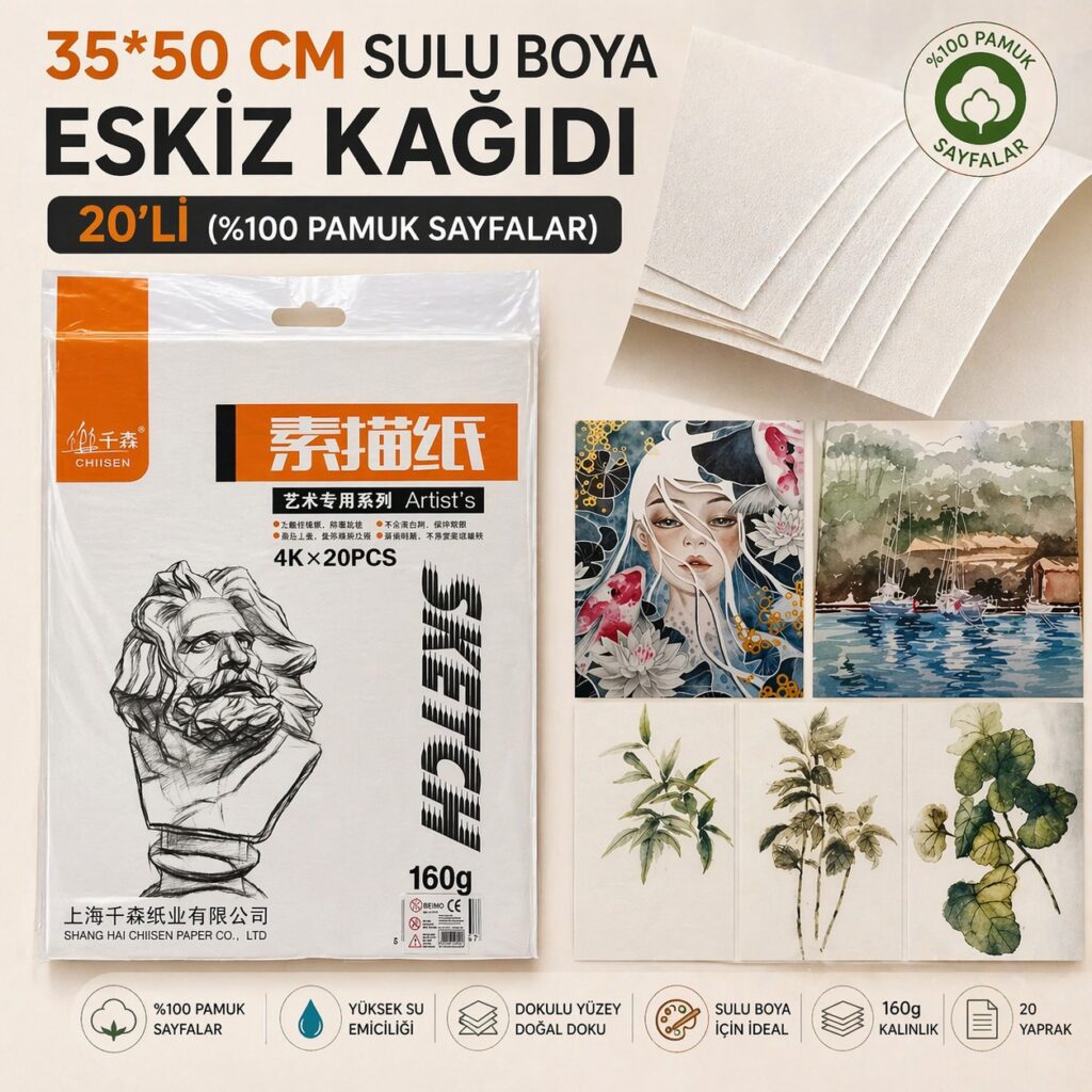 Sulu Boya Eskiz Kağıdı 35*50 Cm 160 Gr 0 Pamuk Sayfa 20'Li Paket
